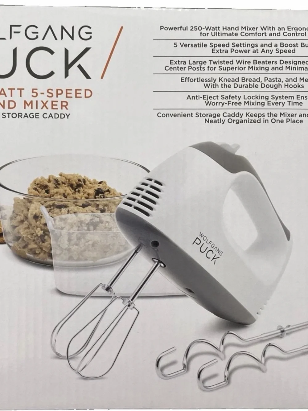 Wolfgang Puck 250W 5-Speed Hand Mixer Set w/ Storage Caddy, Beaters, Hooks